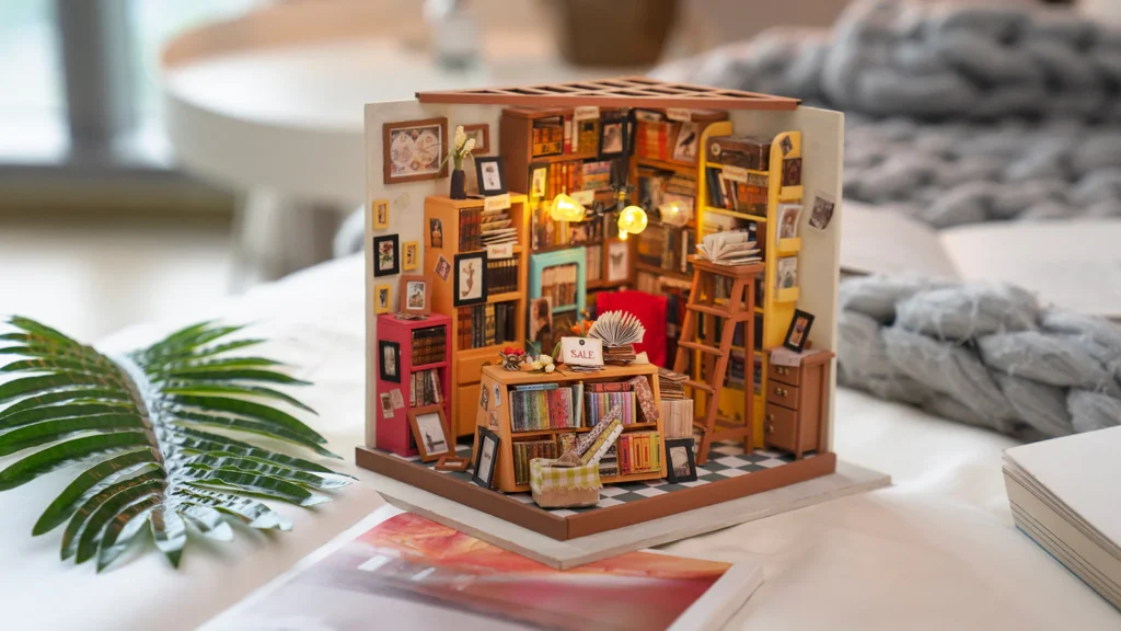 Assembled Rolife Sam's Study Library Kit displayed on a white table next to a palm leaf and stacked books.