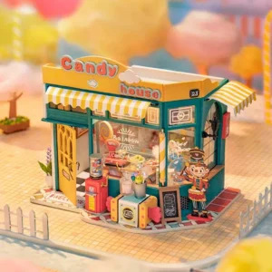 Rolife Rainbow Candy House DIY Miniature Dollhouse Kit with colorful candy-themed design, LED light, and easy assembly features.