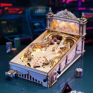 Pinball 3D Wooden Puzzle Kit against a casino background.