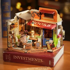 Fully assembled Rolife Corner Bookstore on a book with overhead LED lighting creating a warm ambiance.