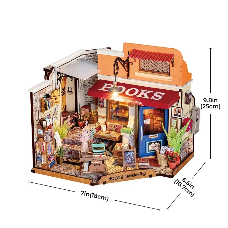 Fully assembled Rolife Corner Bookstore DIY Miniature House Kit with dimensions 9.8, 6.5, 7 inches against a white background.