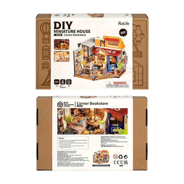 Attractive and sturdy packaging for the Rolife Corner Bookstore DIY Miniature House Kit.
