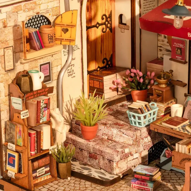 Retro alley scene inside the Rolife Corner Bookstore with plants and classical statues adding an artistic touch.