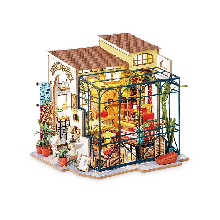 Rolife Emily's Flower Shop Miniature House. The western-designed exterior features decorative artwork and plants and a glassed-in patio.