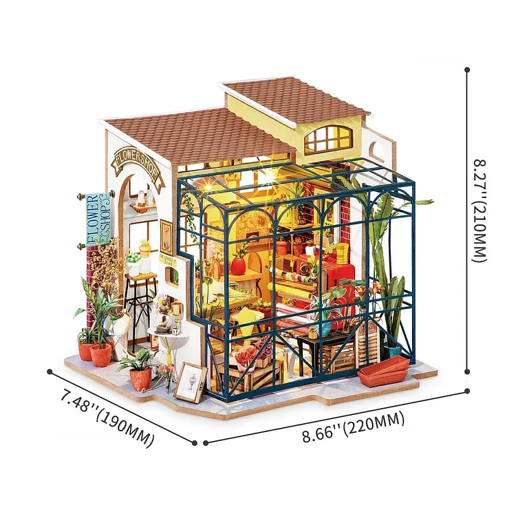 Rolife Emily's Flower Shop Miniature House. The western-designed exterior features decorative artwork and plants and a glassed-in patio.
