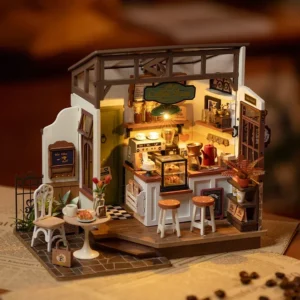 Café Miniature House DIY kit with open layout, retro charm, and wooden elements inspired by classic coffee shops.