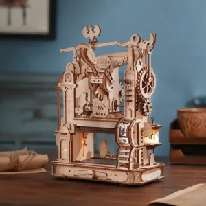 Fully assembled ROKR Classic Printing Press with workshop lights illuminating a wooden desk.