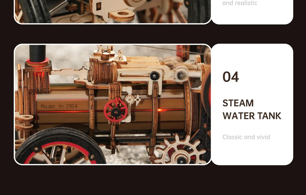 Two close-up boxes of the Rokr Steam Engine puzzle showing furnace door, and steam water tank details.