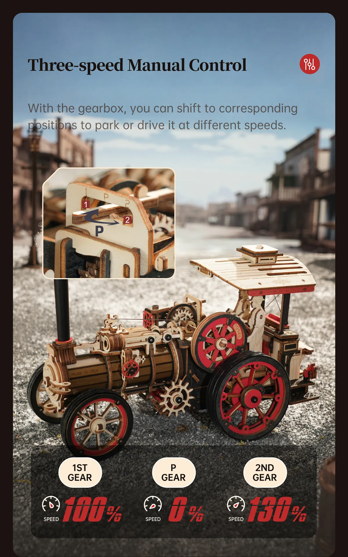 Fully assembled Rokr Steam Engine Mechanical 3D puzzle kit showcasing three-speed manual control in a simulated old town.