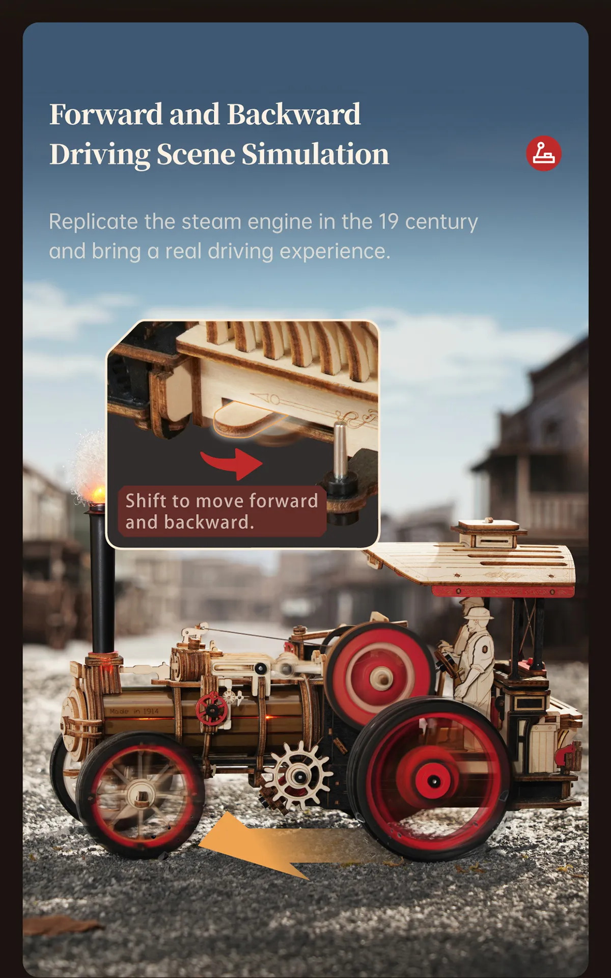 Fully assembled Rokr Steam Engine Mechanical 3D puzzle kit with forward and backward driving simulation, highlighting lever mechanism.