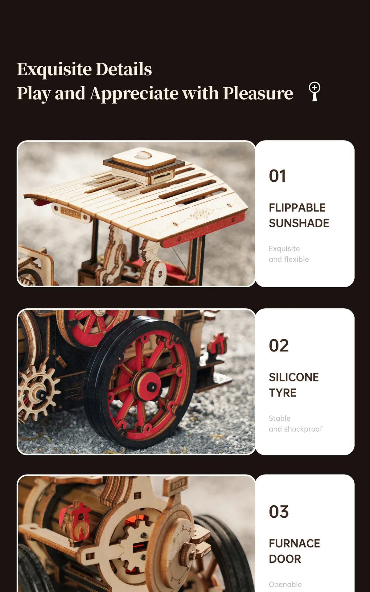 Twoclose-up boxes of the Rokr Steam Engine puzzle showing sunshade, and silicone tires.