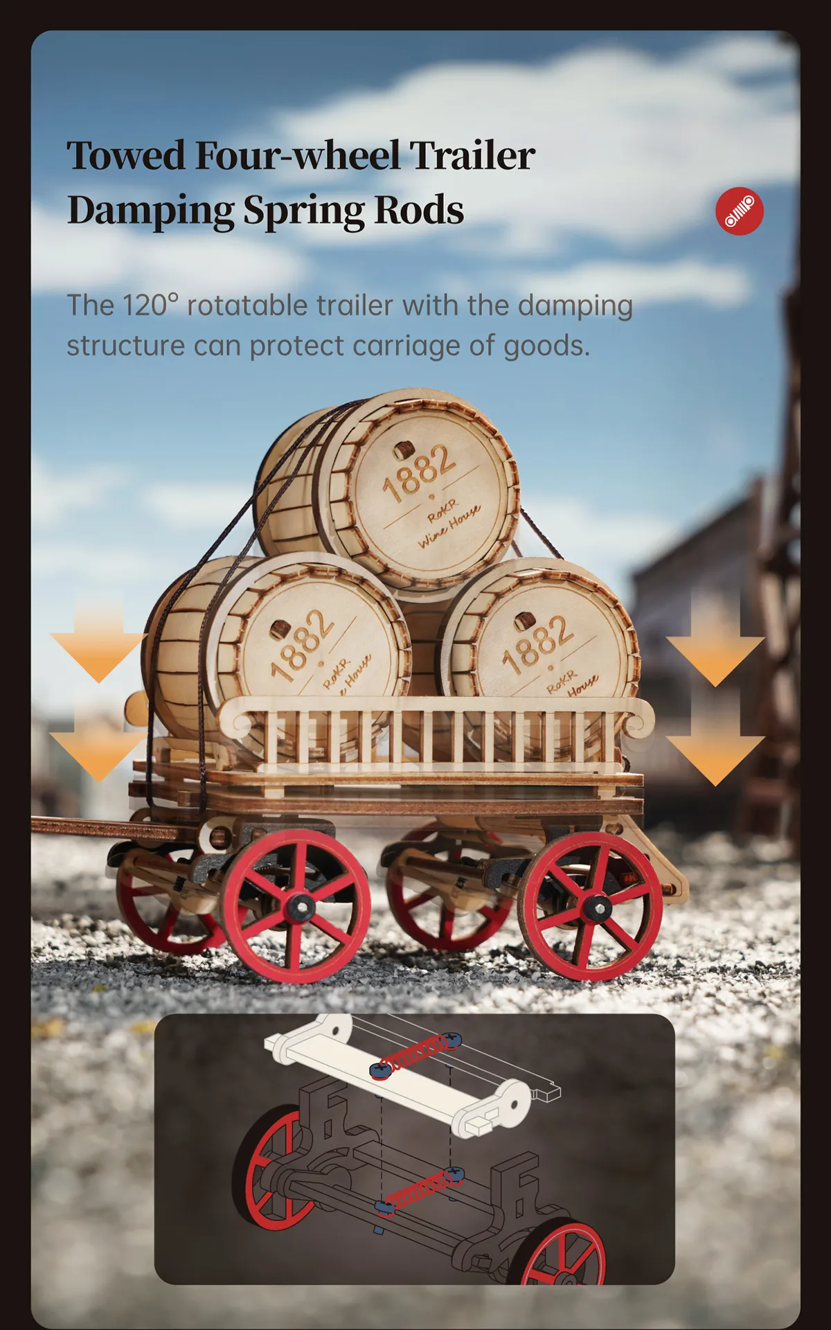 Rokr Steam Engine trailer hauling wooden wine barrels, featuring 120-degree rotatable trailer and damping spring rods.