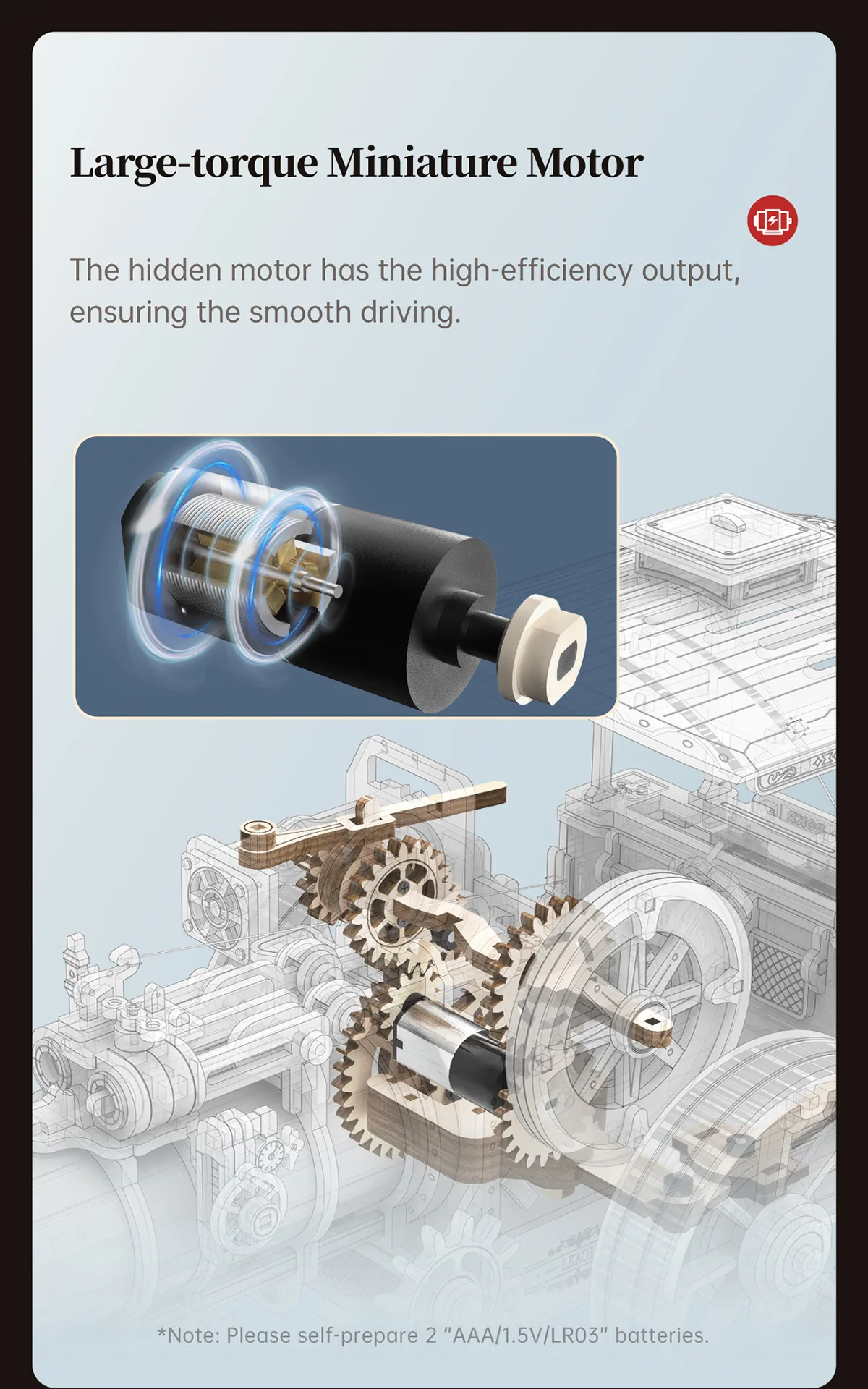 Diagrams of the large-torque miniature motor in the Rokr Steam Engine 3D puzzle, ensuring smooth driving.