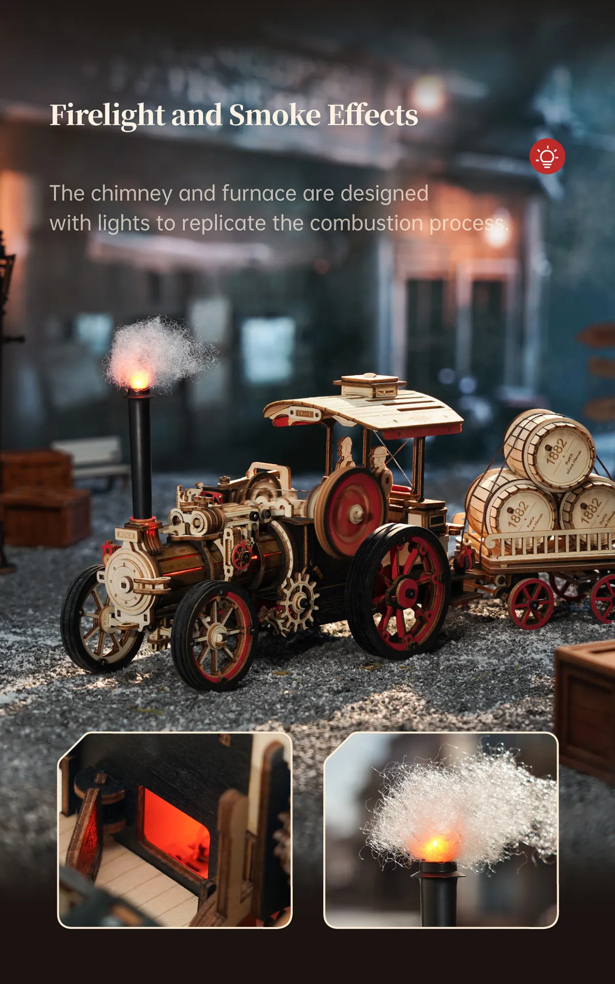 Rokr Steam Engine 3D puzzle kit featuring firelight and smoke effects, with zoom-ins on the chimney and furnace.