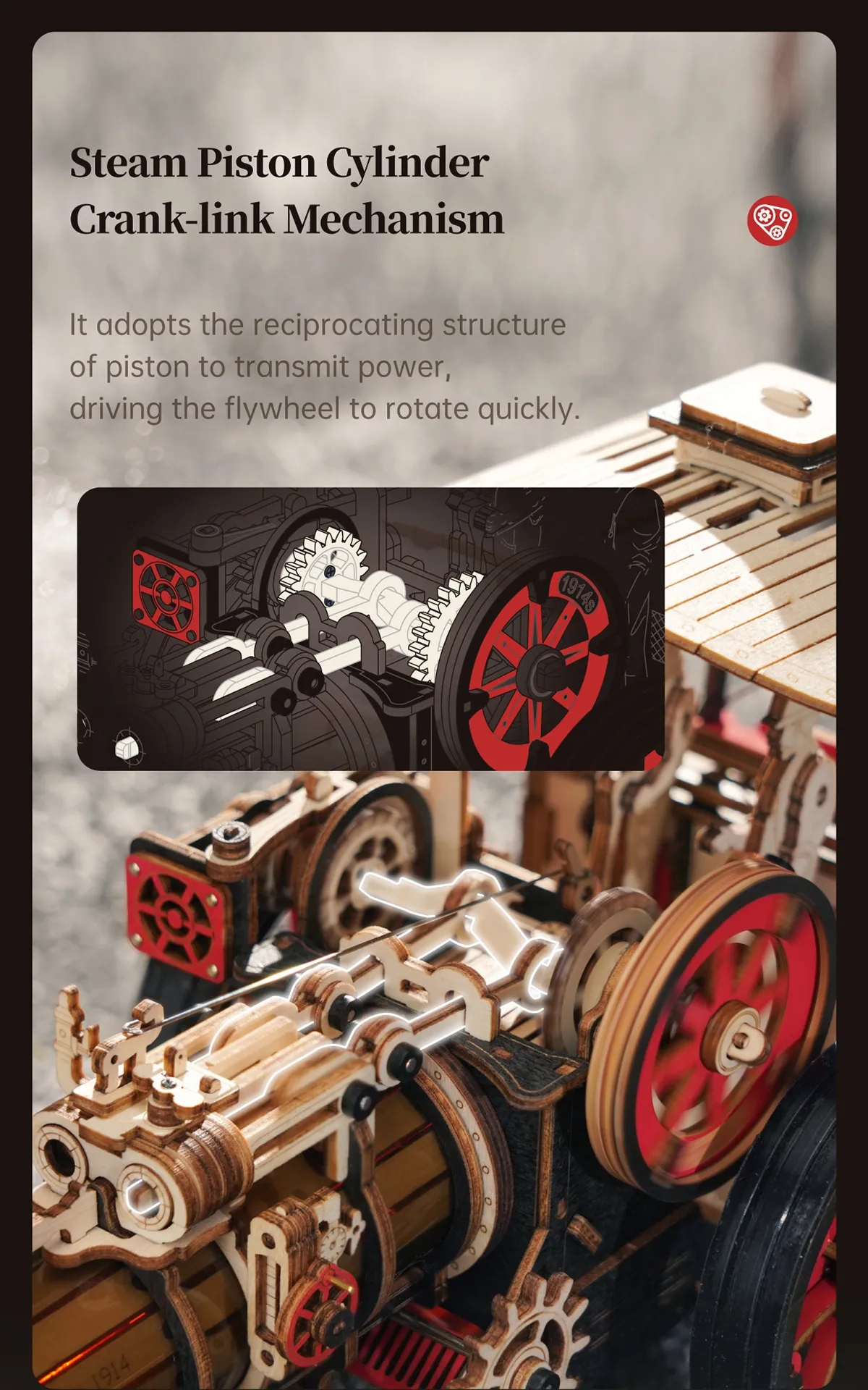 Close-up of the steam piston cylinder crank-link mechanism, showing the reciprocating structure driving the flywheel.