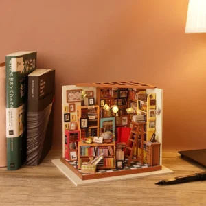 Sam's Study room scene on a wood desktop against a light coffee brown wall with books, a desk lamp, and a pen.