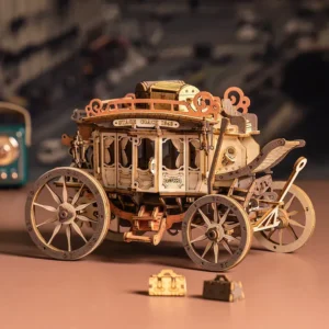 Assembled ROKR Stagecoach Music Box on a display table with a vintage town blurred in the background.