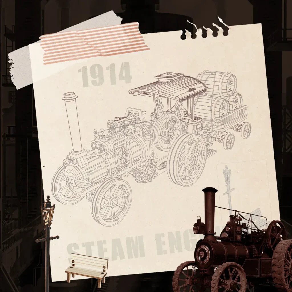 Assembly diagram for the Rokr steam engine mechanical 3D wooden puzzle taped to a tabletop, symbolizing a historical era of innovation.