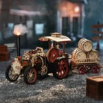 Side view of the front of an assembled Steam Engine Tractor 3d wooden puzzle kit.