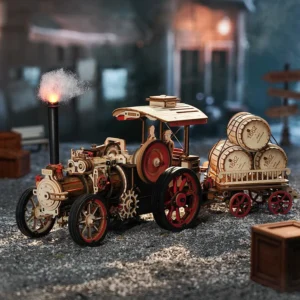 Side view of the front of an assembled Steam Engine Tractor 3d wooden puzzle kit.