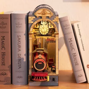 Time Travel book nook with led lights displayed on a bookcase.