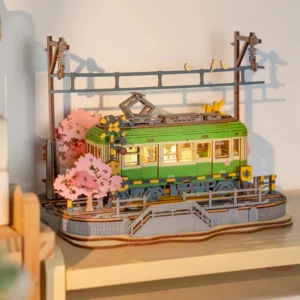 Fully assembled Sakura Journey 3D Wooden Puzzle on a wooden shelf.