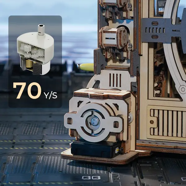 Close-up of the motor assembly in the ROKR Marble Spaceport, featuring 70 rpm speed.