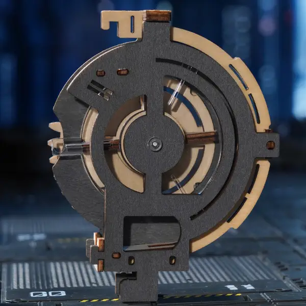 Detailed close-up of the gear transmission mechanism in the ROKR Marble Spaceport 3D Puzzle.