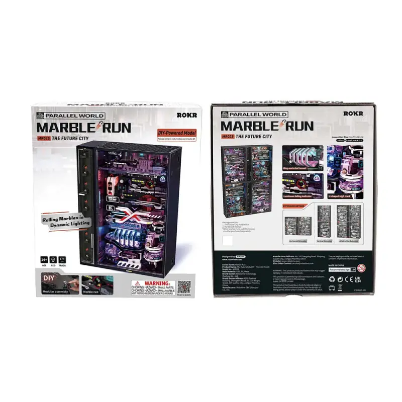Attractive and sturdy packaging for Rokr The Future City marble run against a white background.