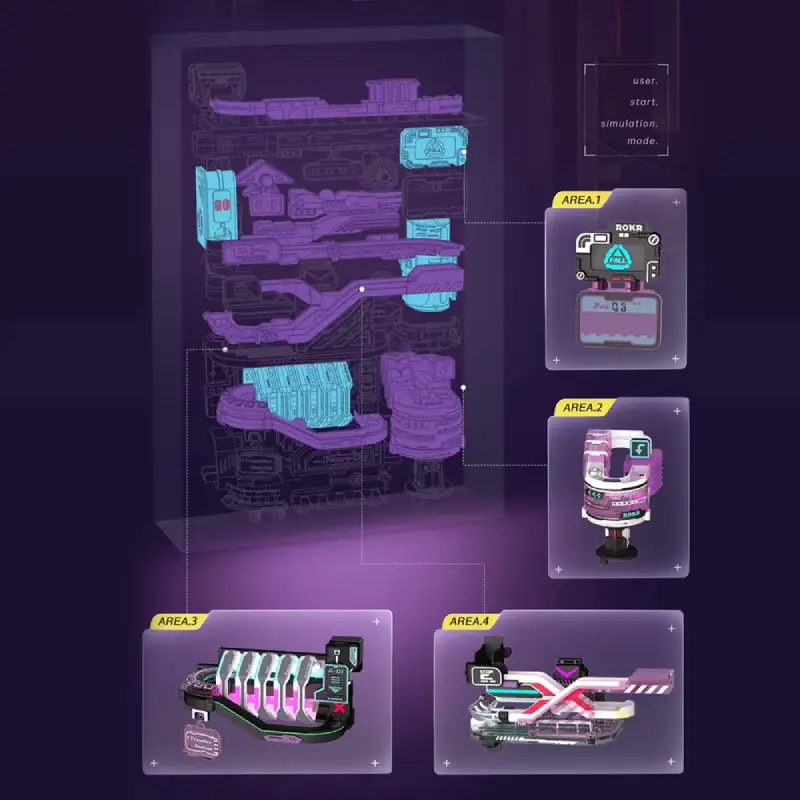 2D diagrams showcasing different sections and mechanics of the Rokr The Future City marble run.